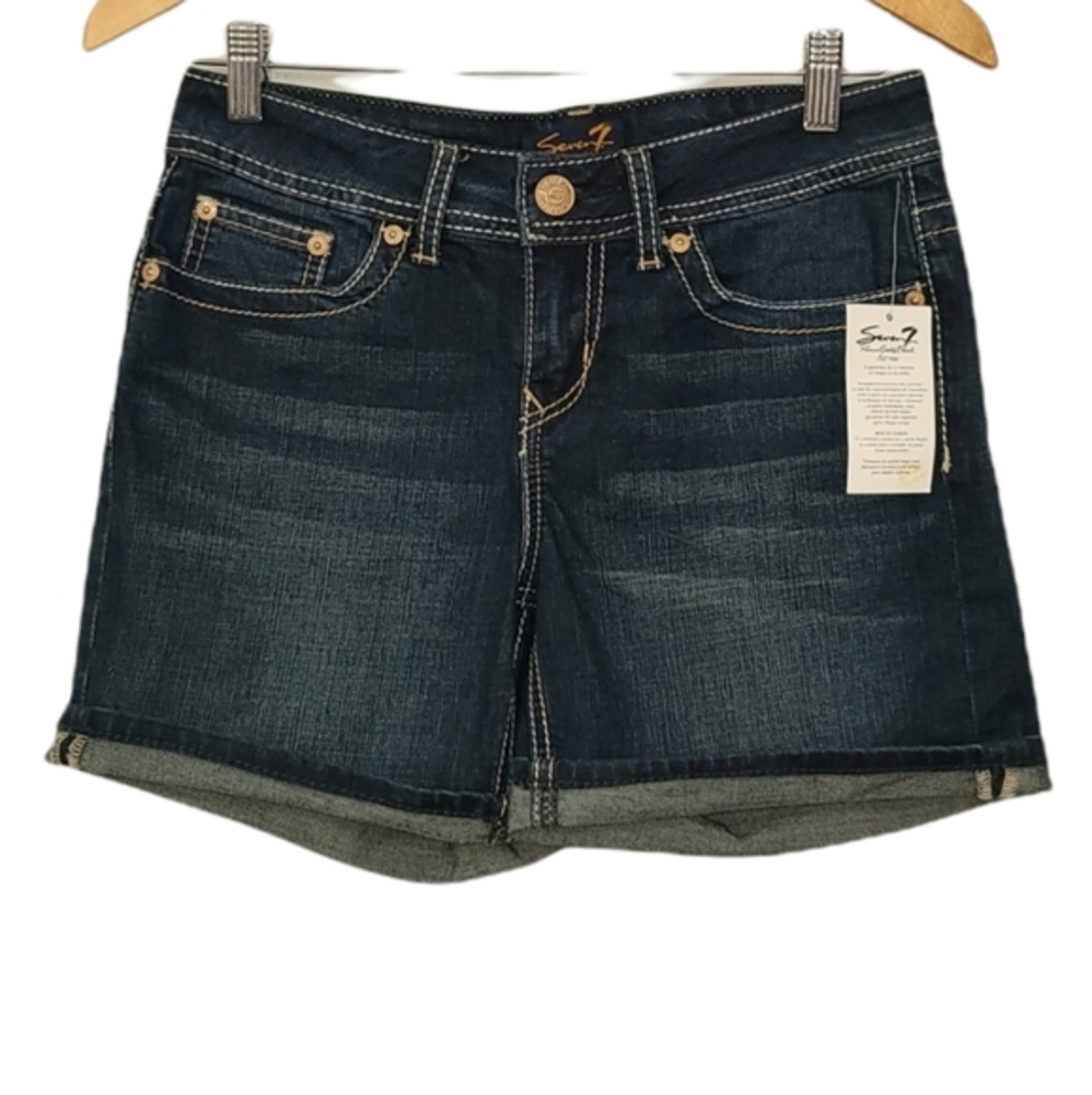 Seven7 Blue Denim Shorts Whiskered Stretch RN #109890 Mid Rise Women’s Size 4